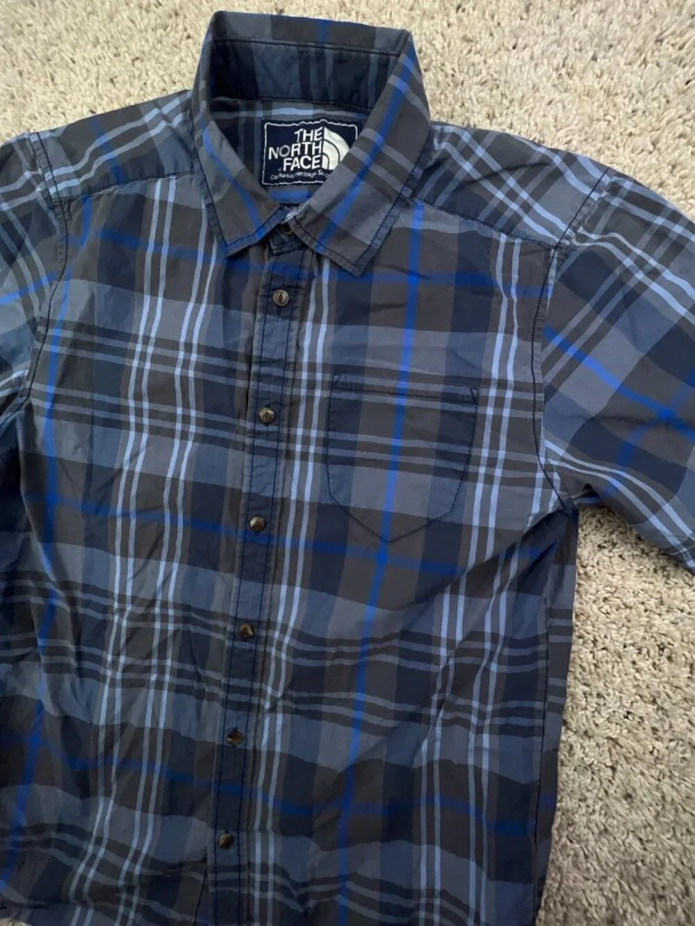 North Face Shirt Mens Short Sleeve Button Up Blue Gray Plaid Size Small Smol